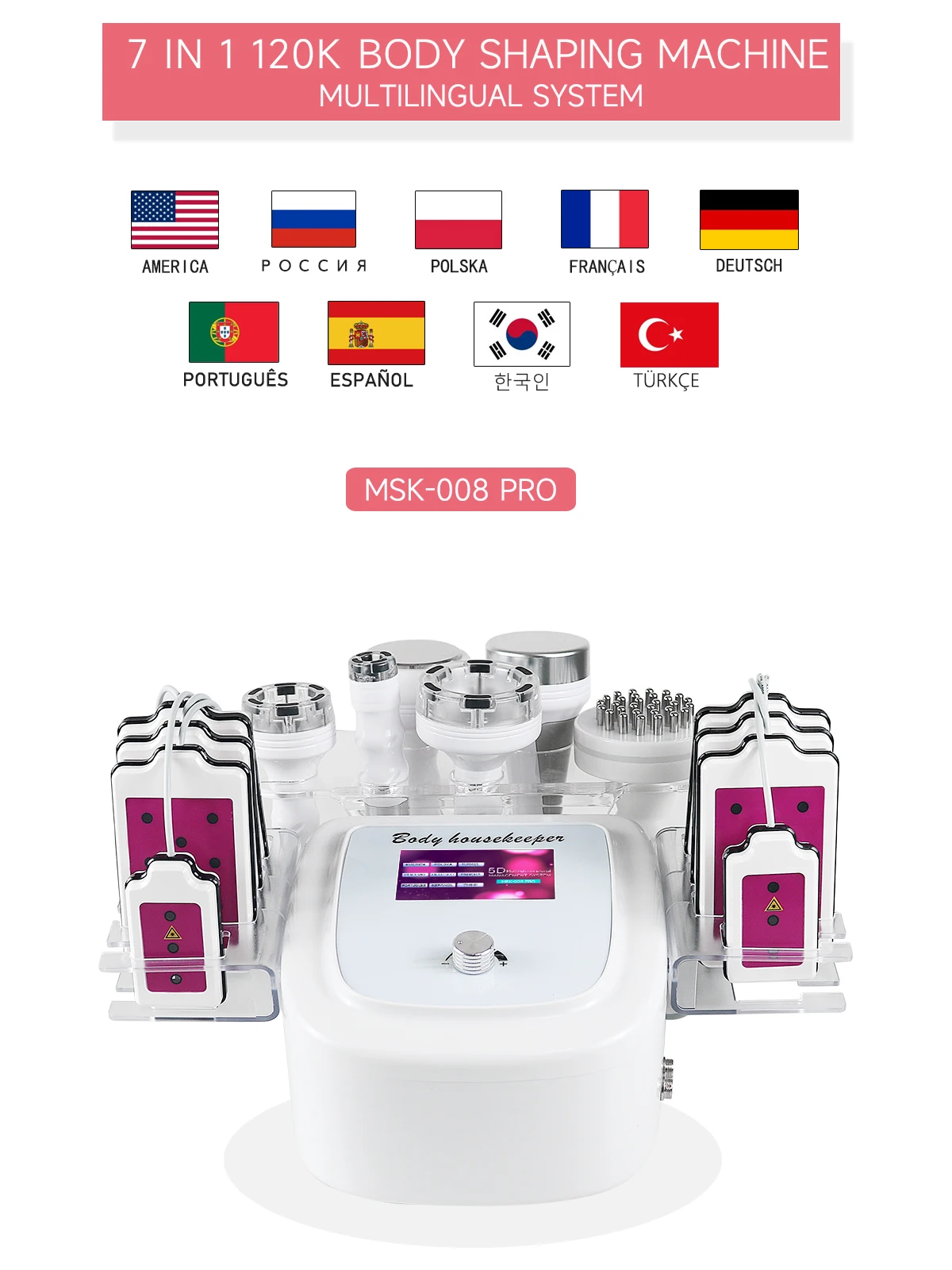 7 In 1 120K Ultrasonic Cavitation Vacuum Radio Frequency Purple Laser 8 Pads Lipo Slimming Machine Body Shaping Massage Salon