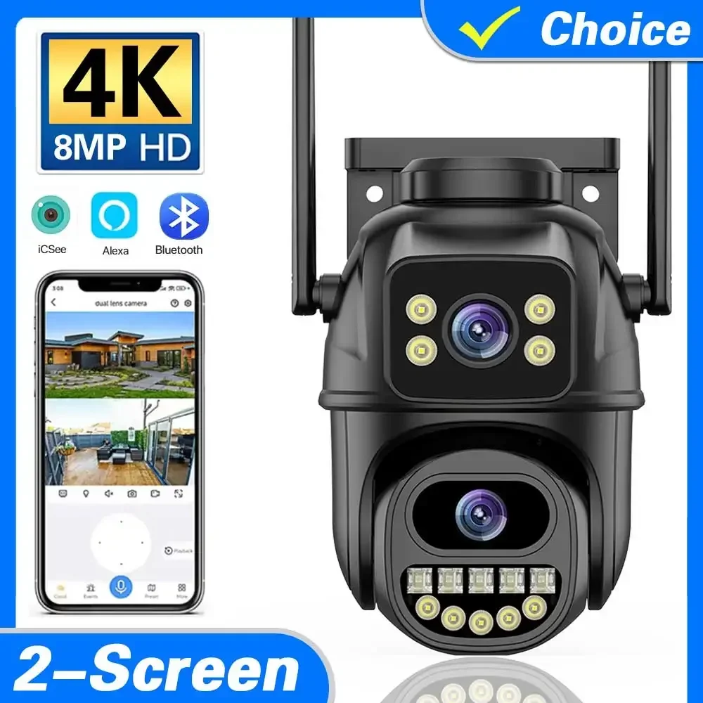 

4K 8MP 2Audio Wifi PTZ Camera Outdoor Dual Screens Dual Lenses 4MPX2 Auto Tracking Security Protection IP Camera Audio iCSee App