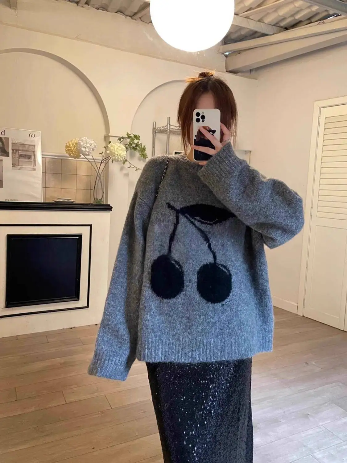 

Autumn and winter Korean style lazy design cherry jacquard round neck warm loose pullover bottoming sweater for women y2k tops