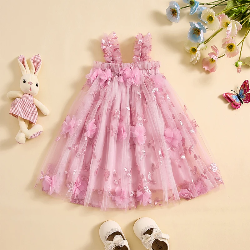 Toddler Girl Dress 3D Flower Summer Sleeveless Tulle Tutu Princess Dresses for Wedding Birthday Photoshoot