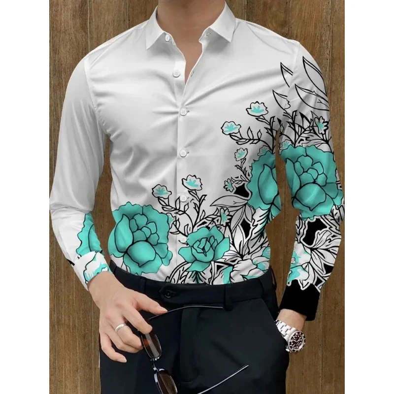 

New Men's Long Sleeve Shirt Fashion Western Horse Casual Versatile Fashion 3D Flower Printed Summer Top