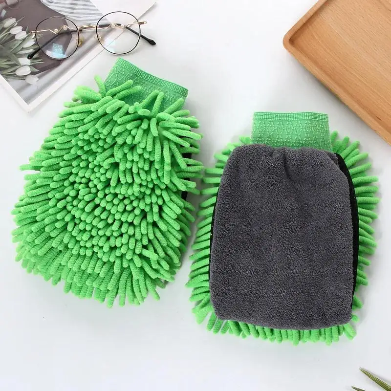 2Pcs Double-faced Microfiber Car Wash Gloves Chenille Not or Waterproof Mitt Soft Mesh Back Ideal for Wax Detailing Car Cleaning