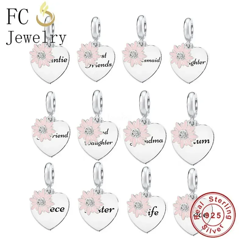 Huoonew Fit Original Pan Charm Bracelet Real 925 Sterling Silver Pink Daisy Flower Family Bead For Making DIY Berloque 2024