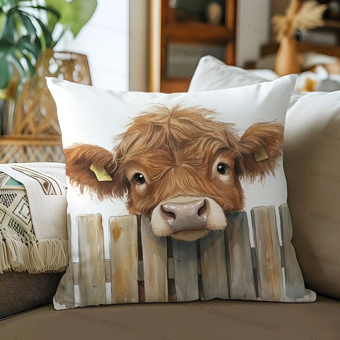 1pc Watercolor Highland Cow Throw Pillow Cover, Suitable for Sofa,Bedroom,Living Room,A Heartwarming Gift for Farm Animal Lovers