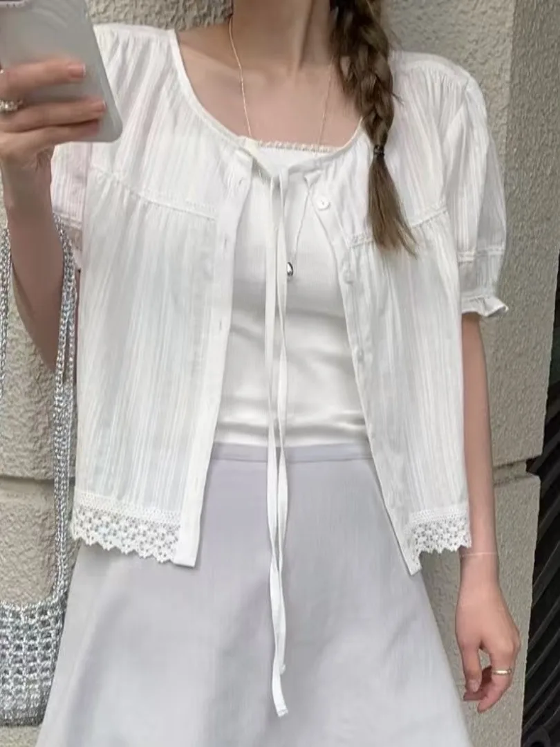 

Ele Bubble Sve Single-Button irt for Women Dongda Gate 2025 Summer New Arrival Belted Chic Top Fem Faion