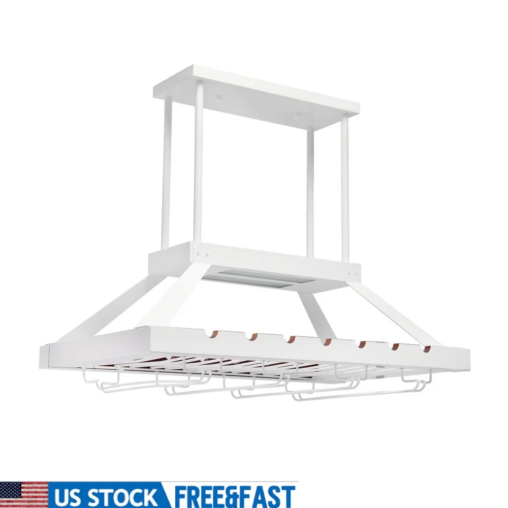 

Modern LED Overhead Wine Rack 2 Light Fixture with Adjustable Height Holds 14 Bottles 16 Glasses Elegant Wine Storage