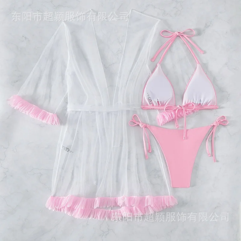 bikiniMesh Cover-Up Three-Piece Swimsuit Set for Women with Sexy 3D Lace Trim, Two-Piece Beach Bikini