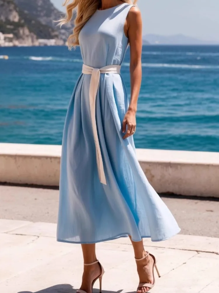 แฟชั่นฤดูร้อนใหม่สีทึบเอว Tie ความยาวปานกลางชุดผู้หญิง Elegant รอบคอแขนกุดชุดเดินทาง