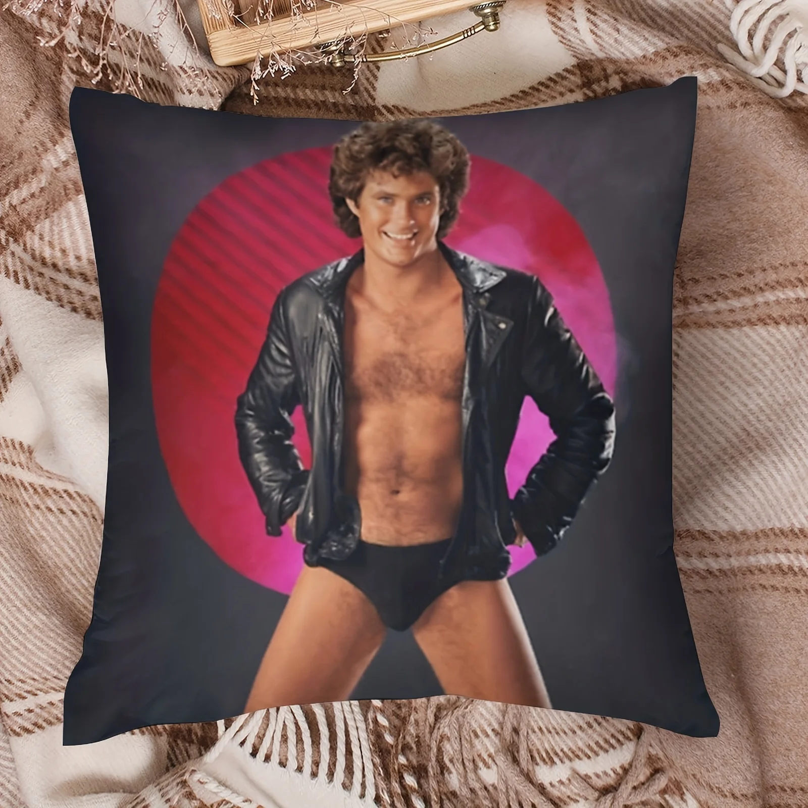 1pc Funny David Hasselhoff Meme Pillow Cover, 2D Double-Sided Print Polyester Pillowcase, Retro 80s Pinup Decor, Gag Gift for Fr