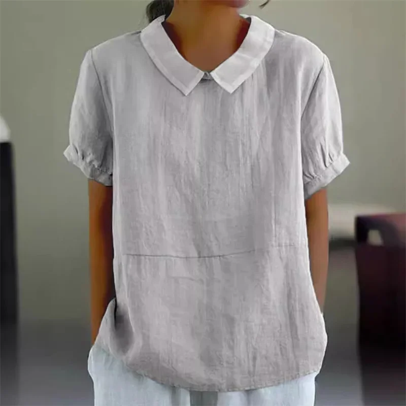 Solid Color Cotton Linen Lapel Pullover Shirt Women Summer Short Sleeve Blouse Female Comfortable Casual Simple Style Tops 2025