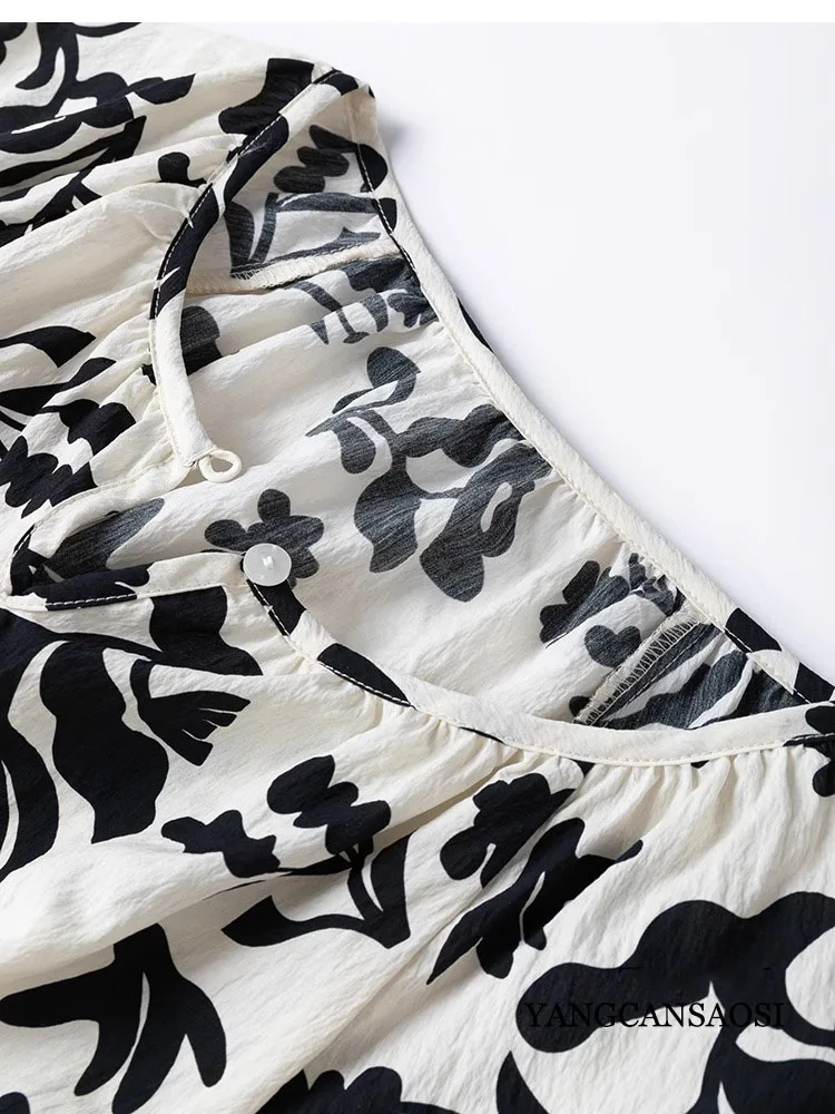 Atmosférico abstracto blanco y negro impreso moda moderna 76% seda de morera Natural seda seca hombro manga vestido dividido