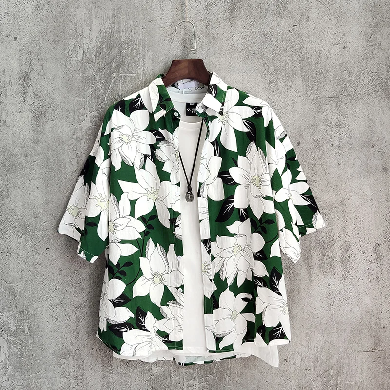 

Loose Short Sleeve Floral Shirt Men Women Couple Style Summer Thin Hawaii Beach Shirt Casual Youth Popular Artistic Neckline