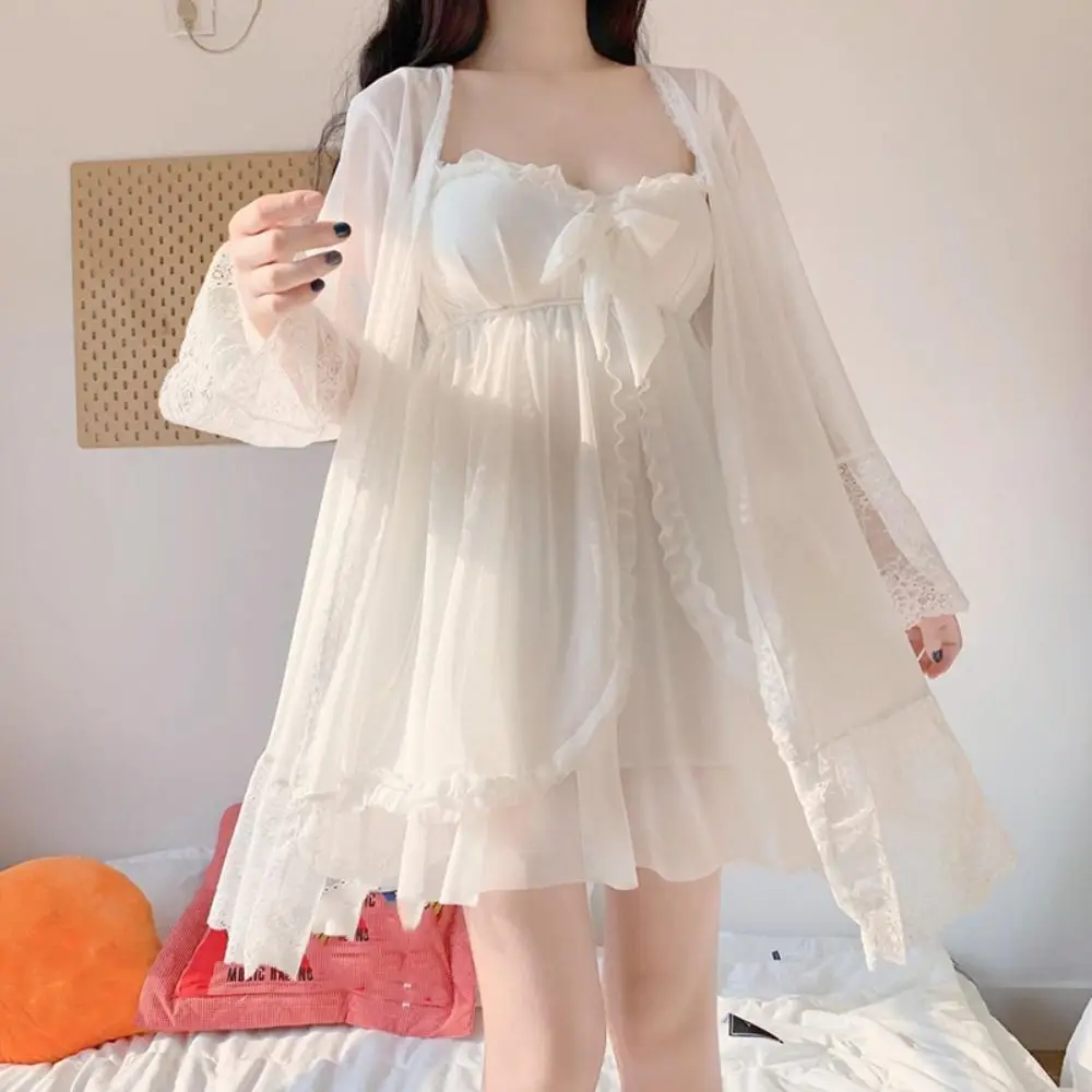 

Lace Bowknot Women Pajama Dress Nightgown Ruffle Homewear Suspender Nightdress Set Sleeveless Sleepwear