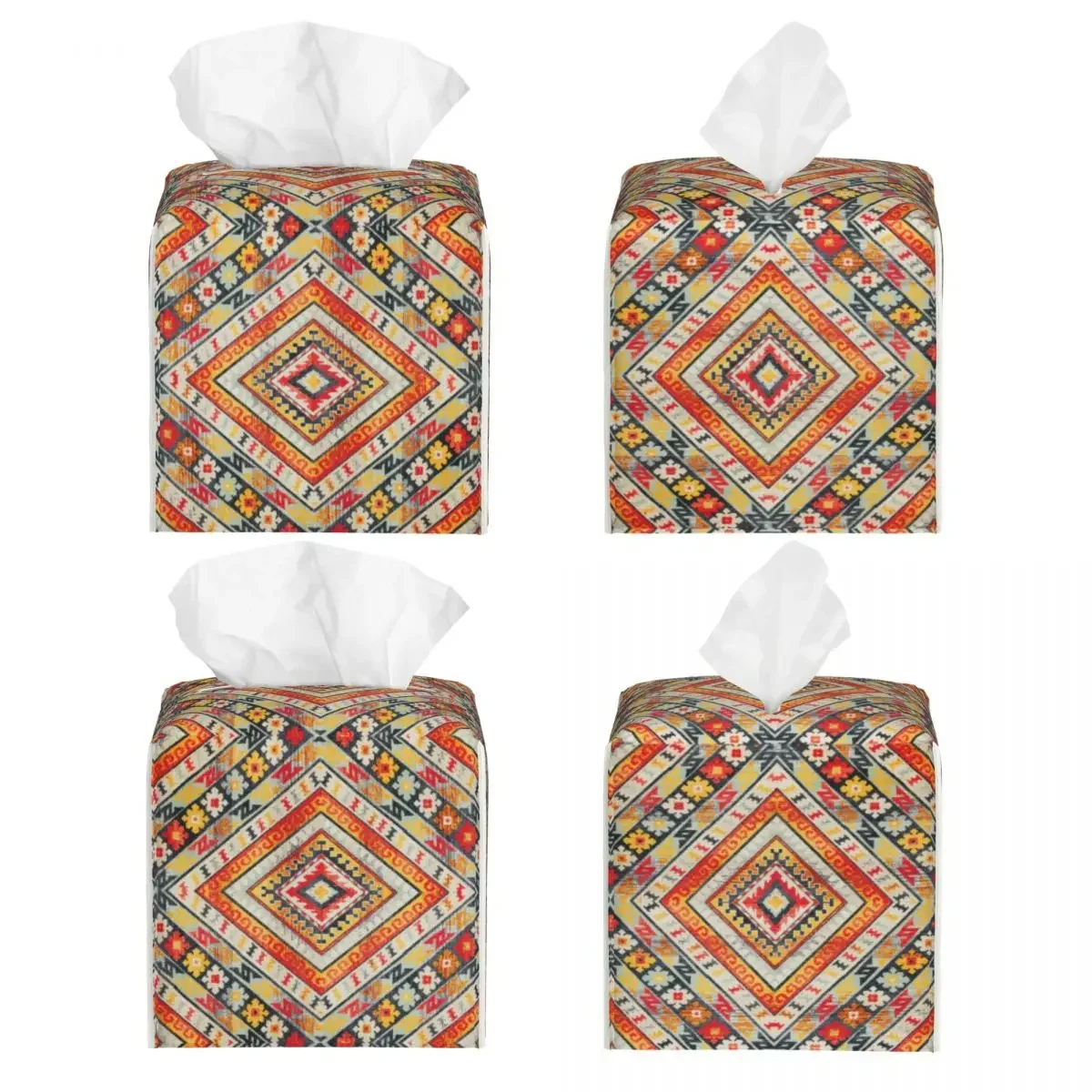 Custom Geometric Traditional Persian Style Tissue Box Cover Square PU Leather Antique Bohemian Facial Tissues Holder for Home