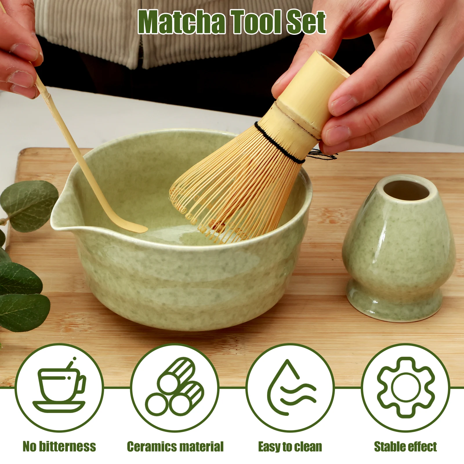 4Pcs/1set Matcha Whisk Set Elegant Matcha Tea Set Ceramic Matcha Bowl Matcha Whisk Holder Bamboo Matcha Whisk and Bamboo Scoop