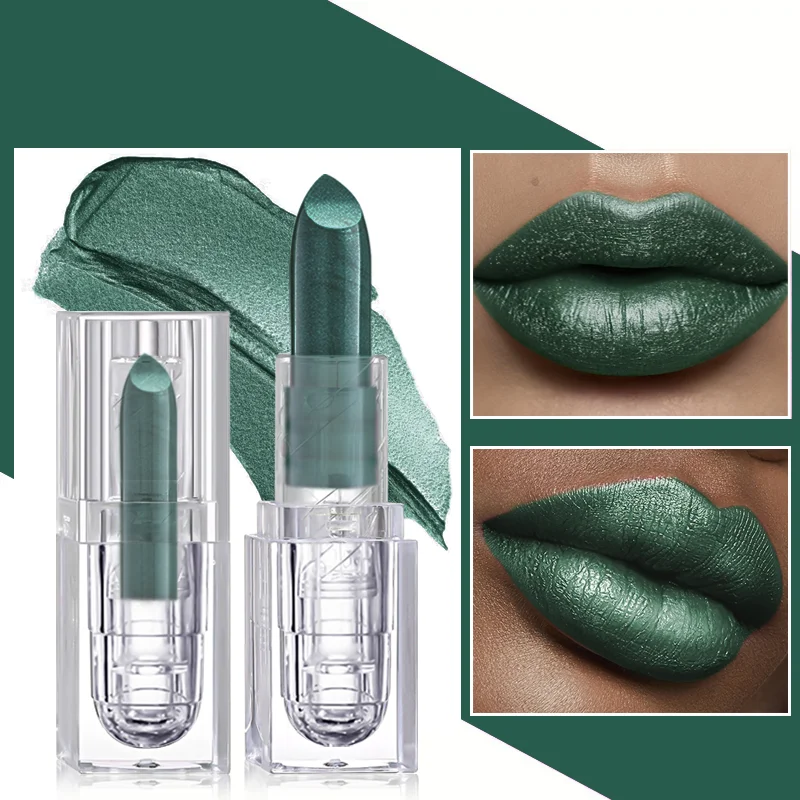 Halloween Shimmer Metallic Lipstick, Dark Green Glitter Lip Stick Long Lasting Gothic Party Lip Makeup