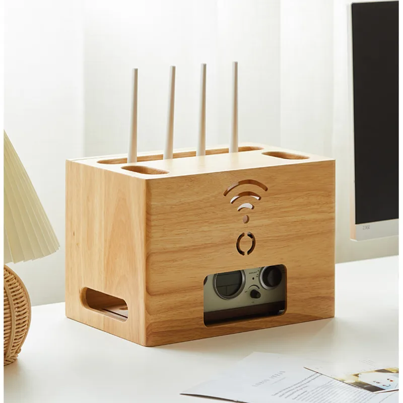 WiFi Router Storage Box Solid Wood TV Set Top Boxes Socket Wires Organizing Shelf Double Layer Structure Home Supplies