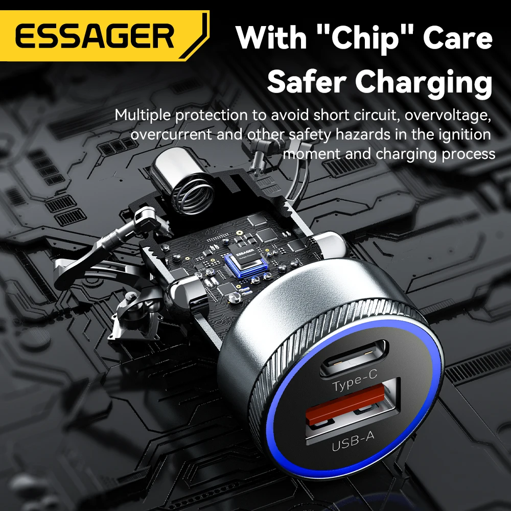 Essager 54 واط USB شاحن سيارة 5A شحن سريع QC PD3.0 SCP AFC USB نوع C شواحن هاتف السيارة آيفون 16 15 هواوي سامسونج شاومي