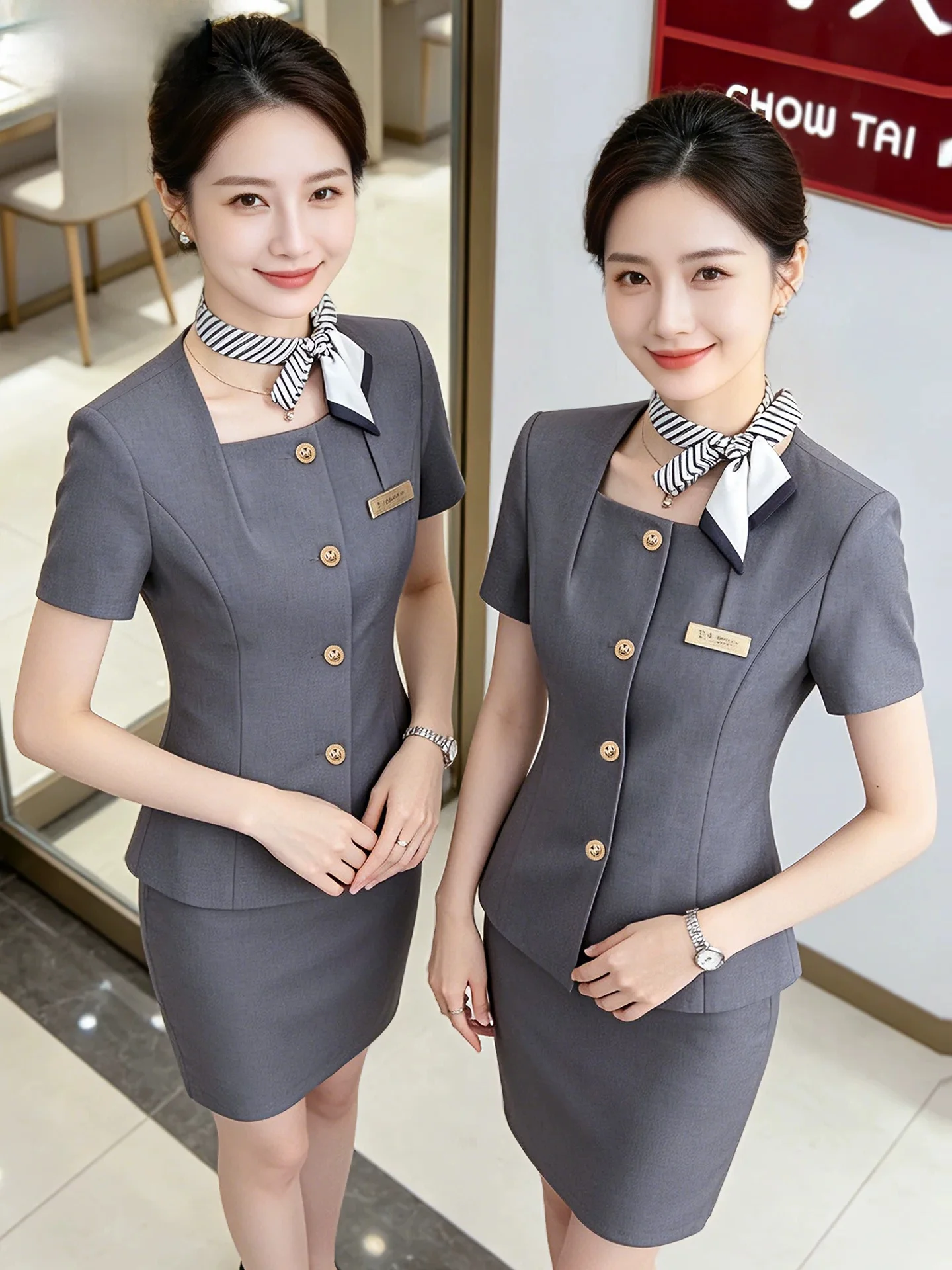 

Summer Thin Short Sleeve Suit Set for Women Professional Work Uniform for Beauty Salon Jewelry Store Front Desk Reception