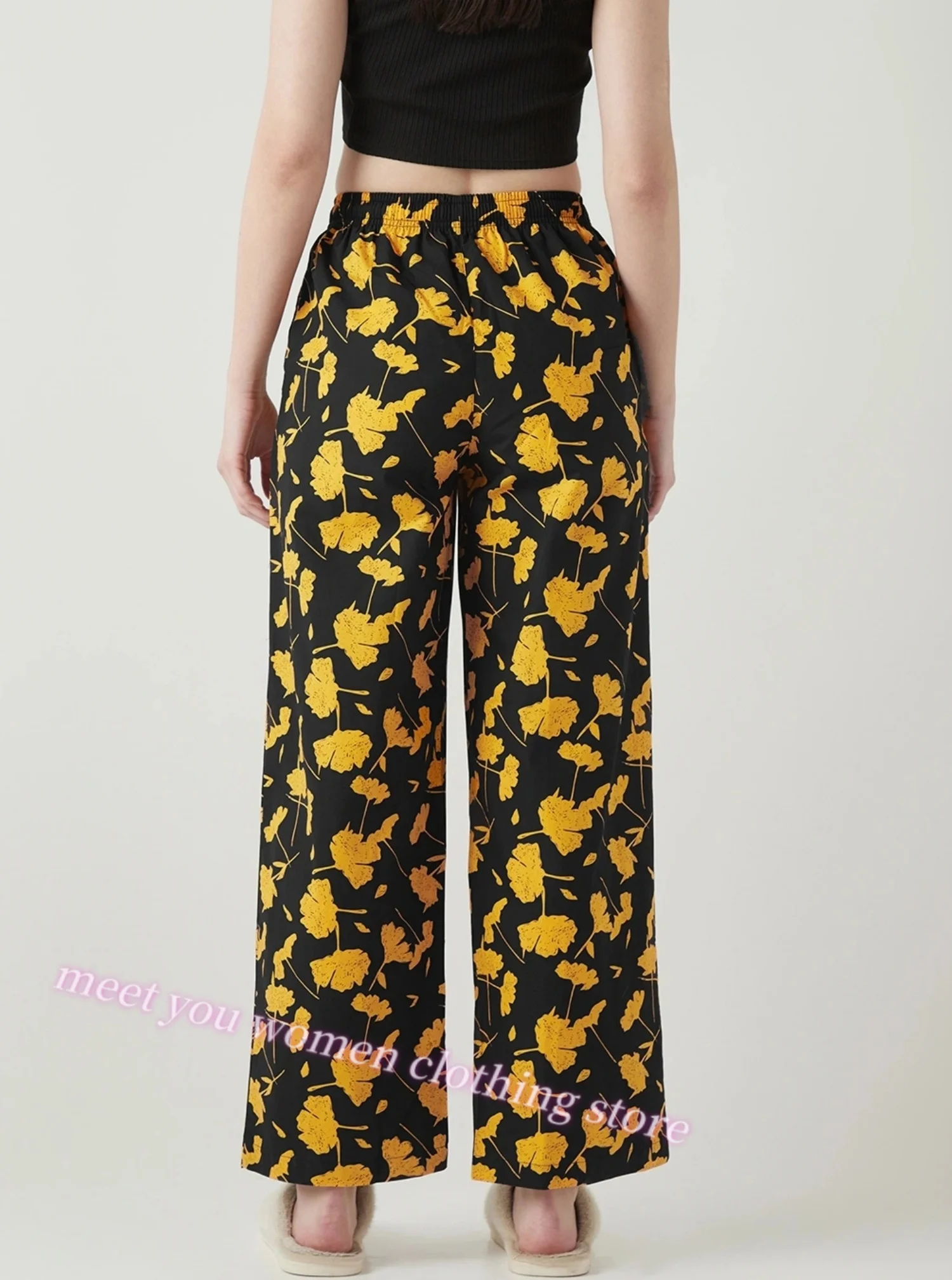 Spring Women's Pajama Pants Straight-Leg Thin Ginkgo Leaves Print Casual Daily Adults Home Pajama Trousers Women Clothing