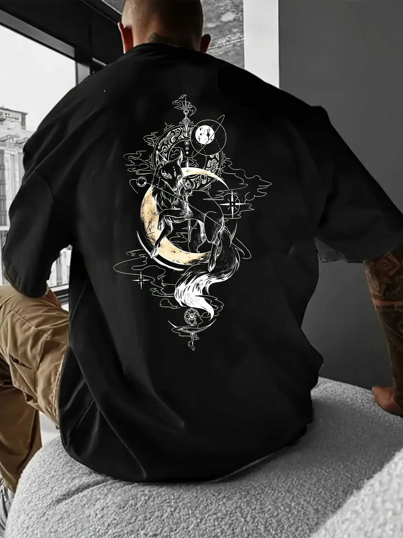 Men Cotton T-Shirt with Gothic Back Print - White Black Gothic Lettering Mystical Raven Moon Design Breathable Summer Short