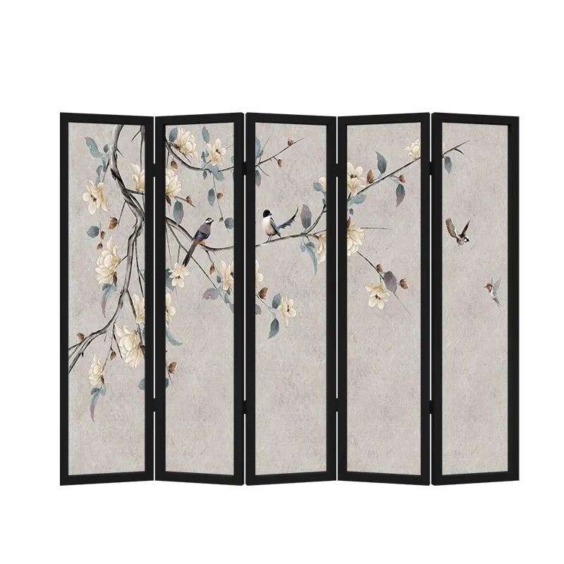 

New Chinese screen partition retro classical living room movable home folding block tea room decoration flower and bird folding