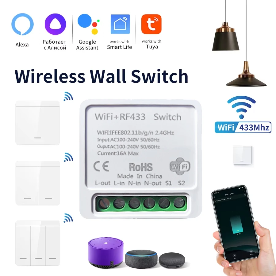 Tuya WiFi Slimme Lichtschakelaar Smart Home Draadloze RF 433 mhz Drukknop Wandschakelaar Via Alexa Google Home Alice Smart leven App - afbeelding 2