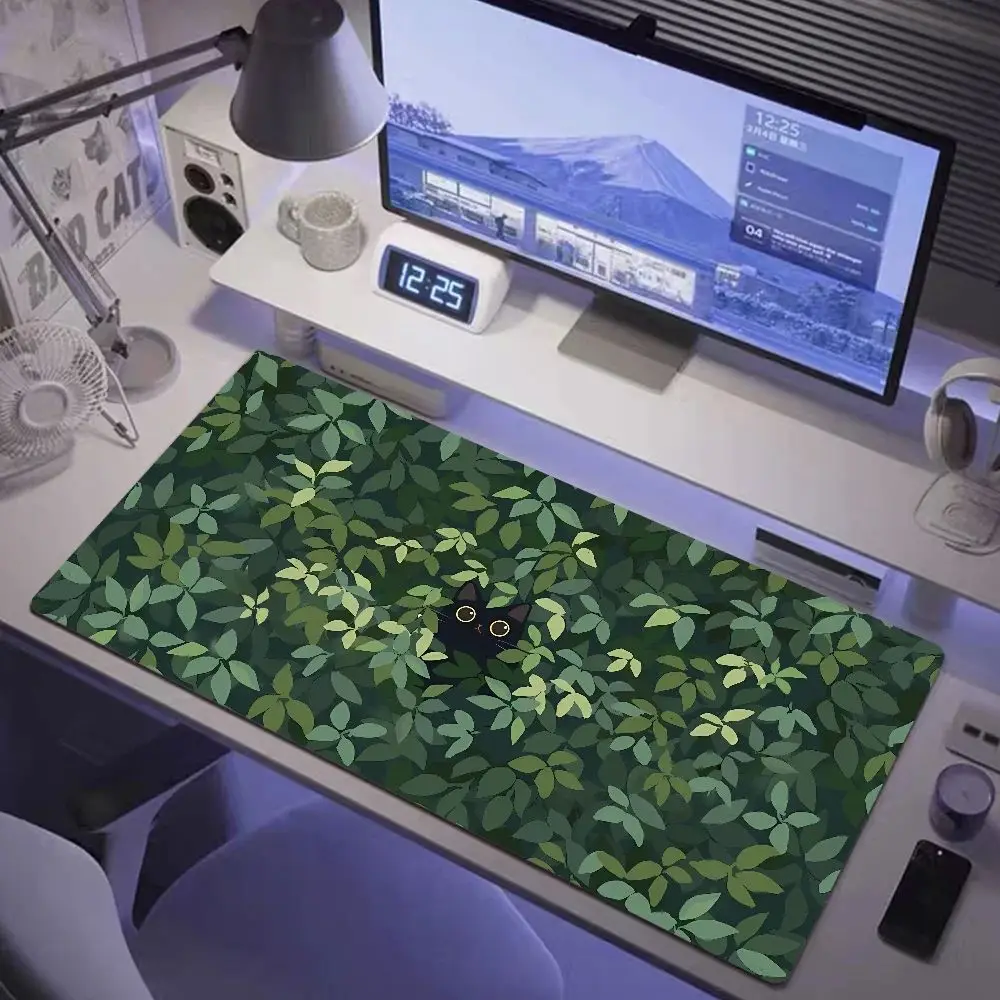 Kawaii Black Cat Green Plants Mousepad XXL Anime Pc Gamer Cabinet Mat Keyboard Carpet Computer Gaming Accessories HD Pad Rubber