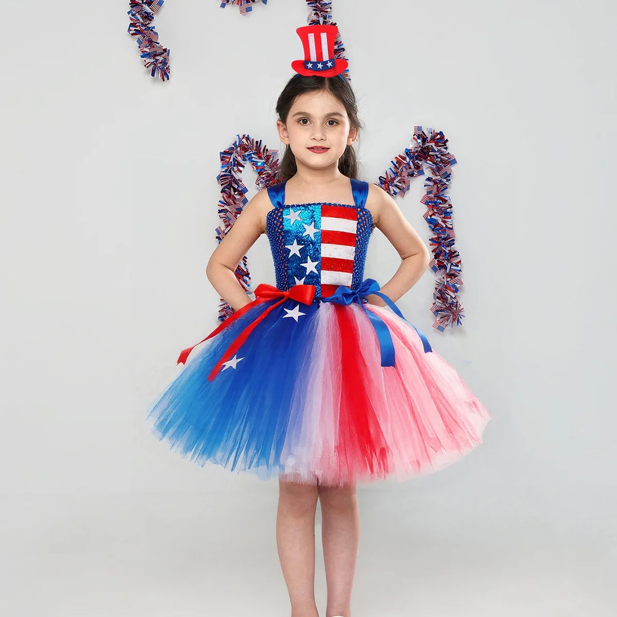 Girls Tutu Dress Suit American Flag Sequin Bow Costume USA Independence Day Stars  Carnival Holiday Outfit Patriotic Clothes