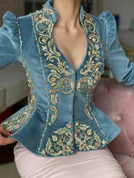 Elegant Chic Women Tops Floral Embroidered Deep V Neck Slim Waist T Shirts Long Sleeve Asymmetric Vintage Velvet T Shirt 2024