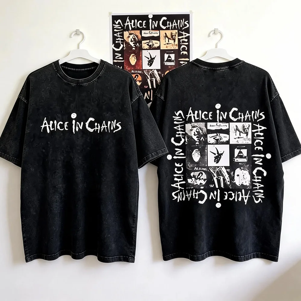 Vintage Washing 100% Cotton Band Graphic Tee  Alice in Chains Album Art Print Unisex Short-sleeved Street Y2K Tops Clothing