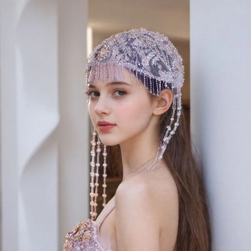 Machine Embroidery Vintage Beaded Headdress Lace Mesh Tassel Cap Hair Accessories Wedding Dress Toupee