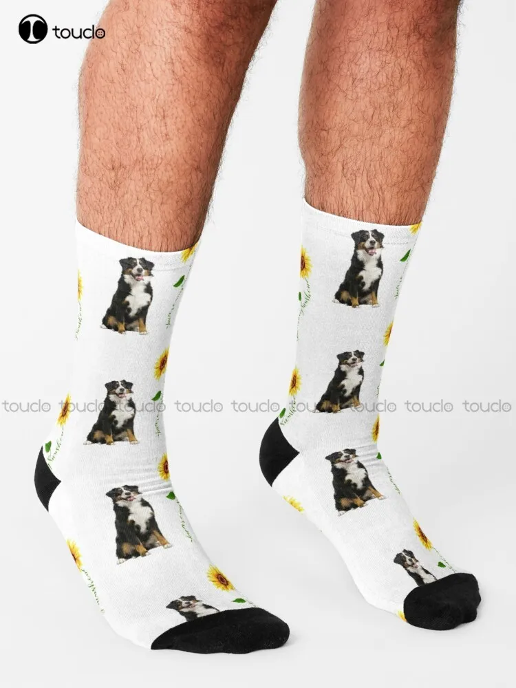 You Are My Sunshine Bernese Mountain Dog Socks Womens Black Fun Socks Cartoon Street Skateboard Socks 360° Digital Print Retro