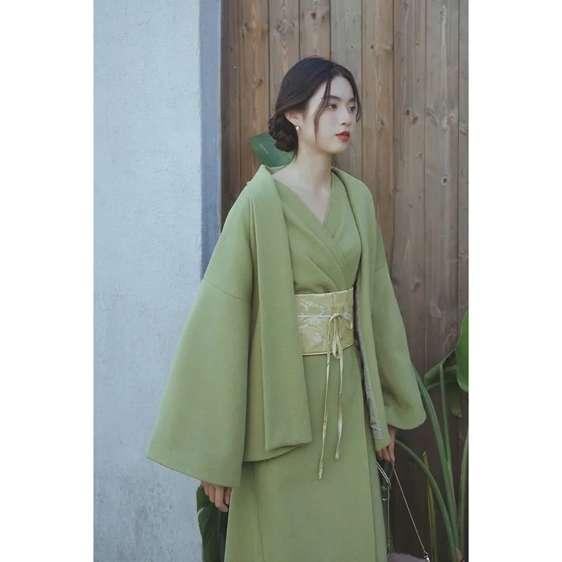 

2023 Autumn Winter Elegant Green Woolen Coat Kimono Girdle Suit Women's Clothing Japanese Traditional Party Dresses Plus Size XL