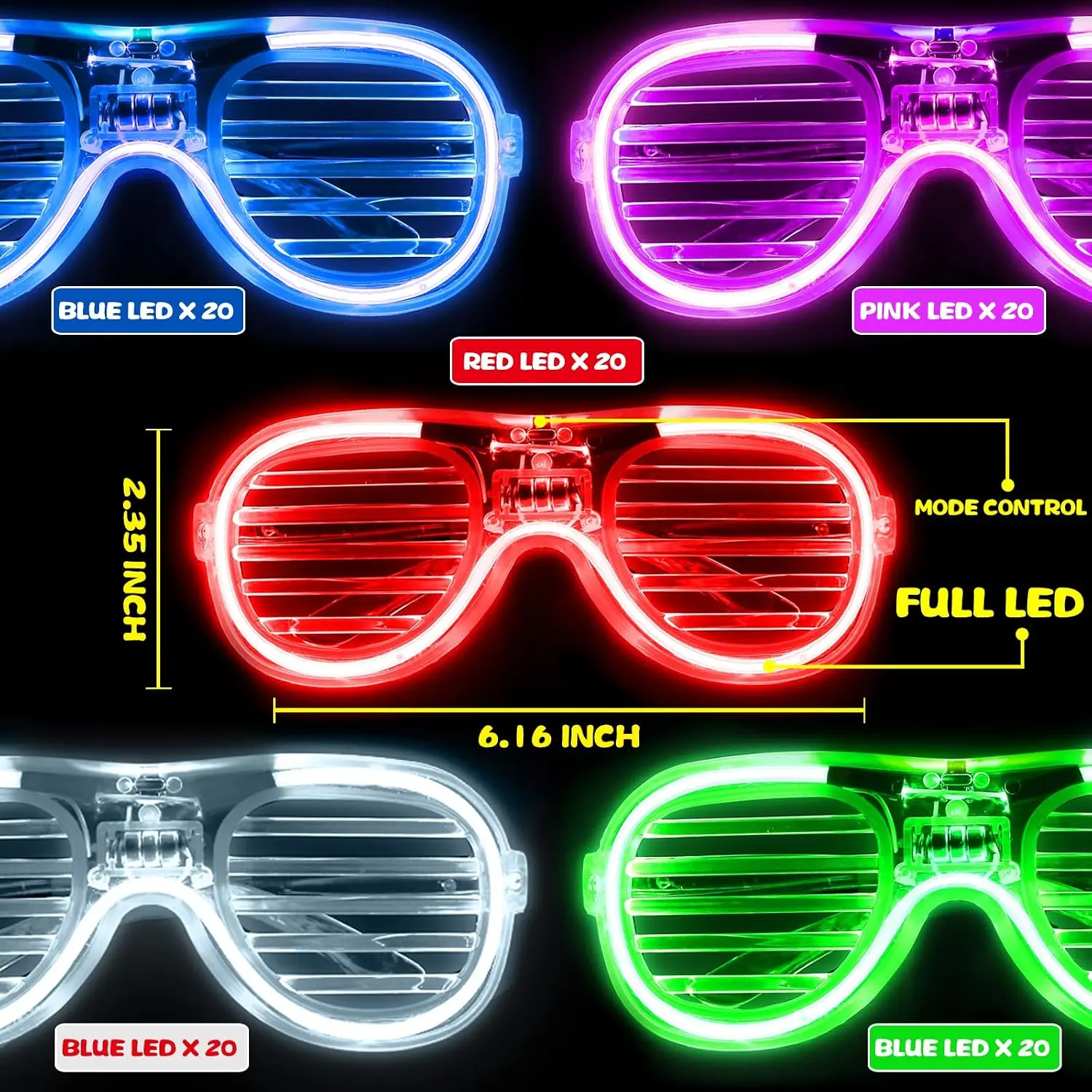 LED Party Glasses Bulk Kit Five Colors Glow Dark Box 100 Pack