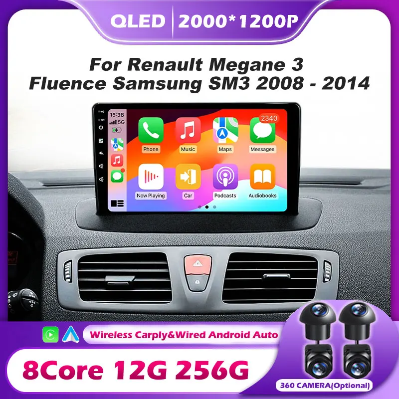 Autoradio Android 16 pour Renault Megane 3 Fluence Samsung SM3 2008-2014 Lecteur sans fil Carplay Auto Stéréo multimédia pour voiture