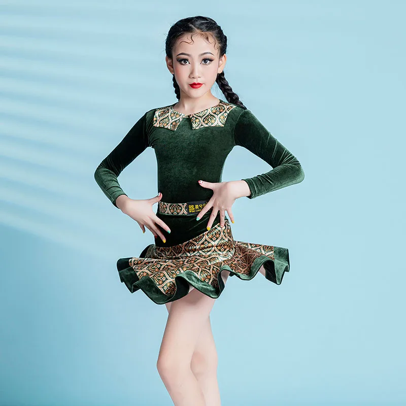 2024 New Autumn/Winter Latin Dance Dress Girl's Competition Training Dress Children's Grading Latin Dance Dress Split Set