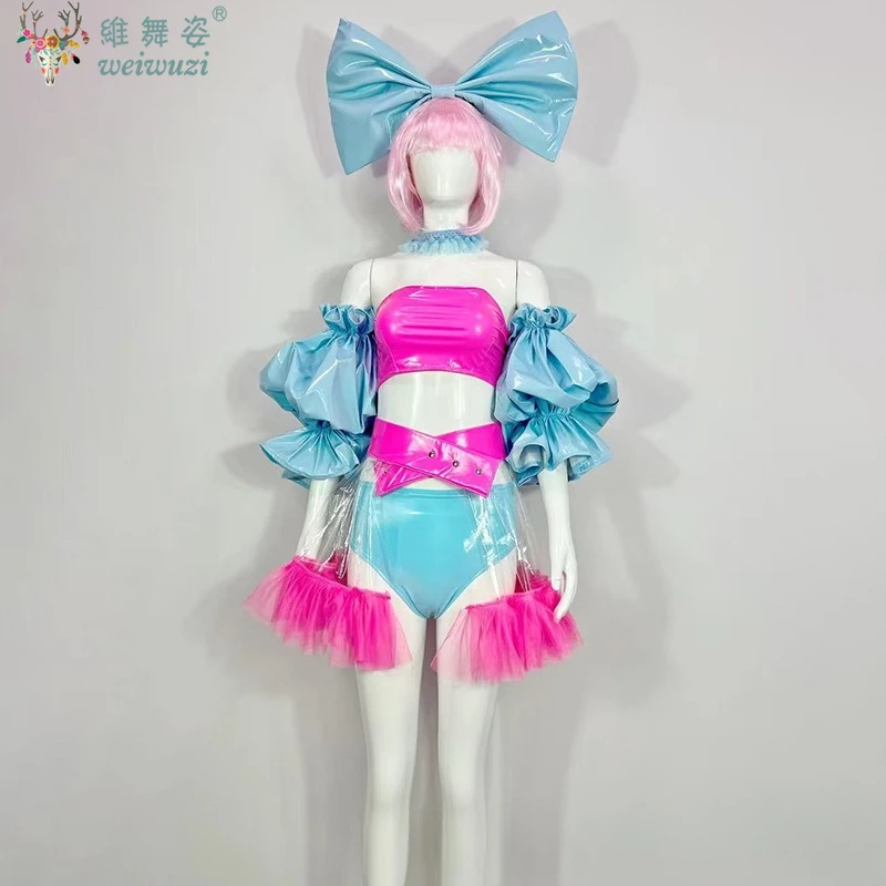 

Halloween Costume Adult Women Dancer Bow Tie Bra Bubble Sleeve Bikini Nightclub Gogo Dancer Clothes Party Festival Cosplay Suit