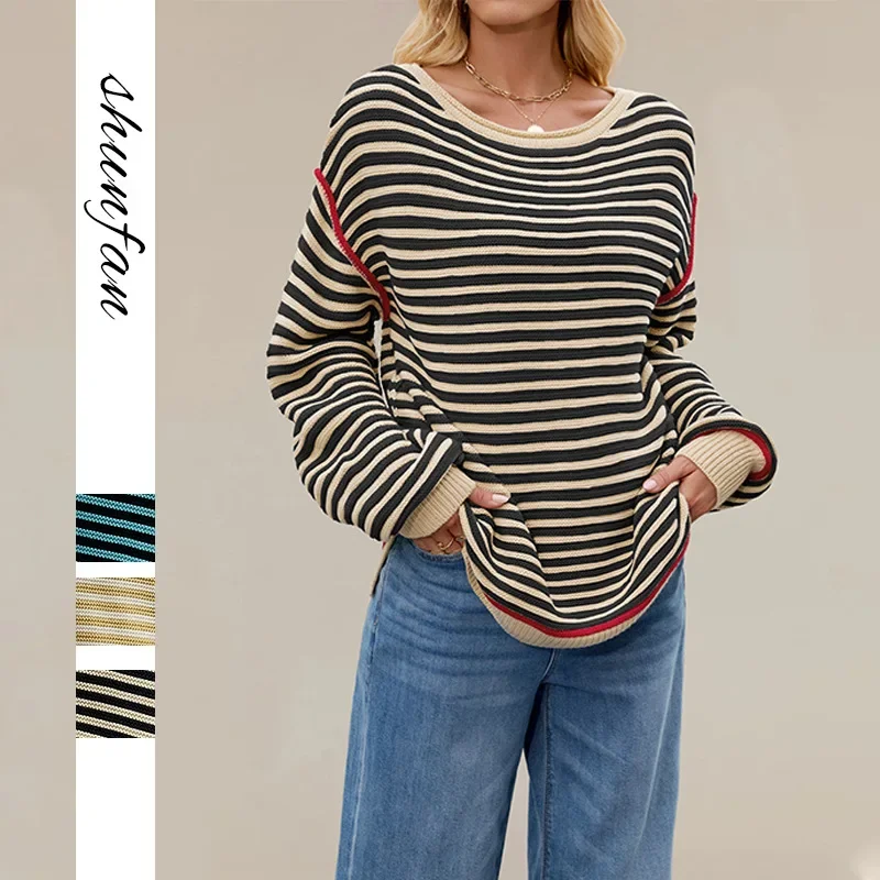

"Women's Striped Knit Sweater - Loose Fit Long Sleeve Round Neck Pullover - Autumn Winter Casual Warm Top"