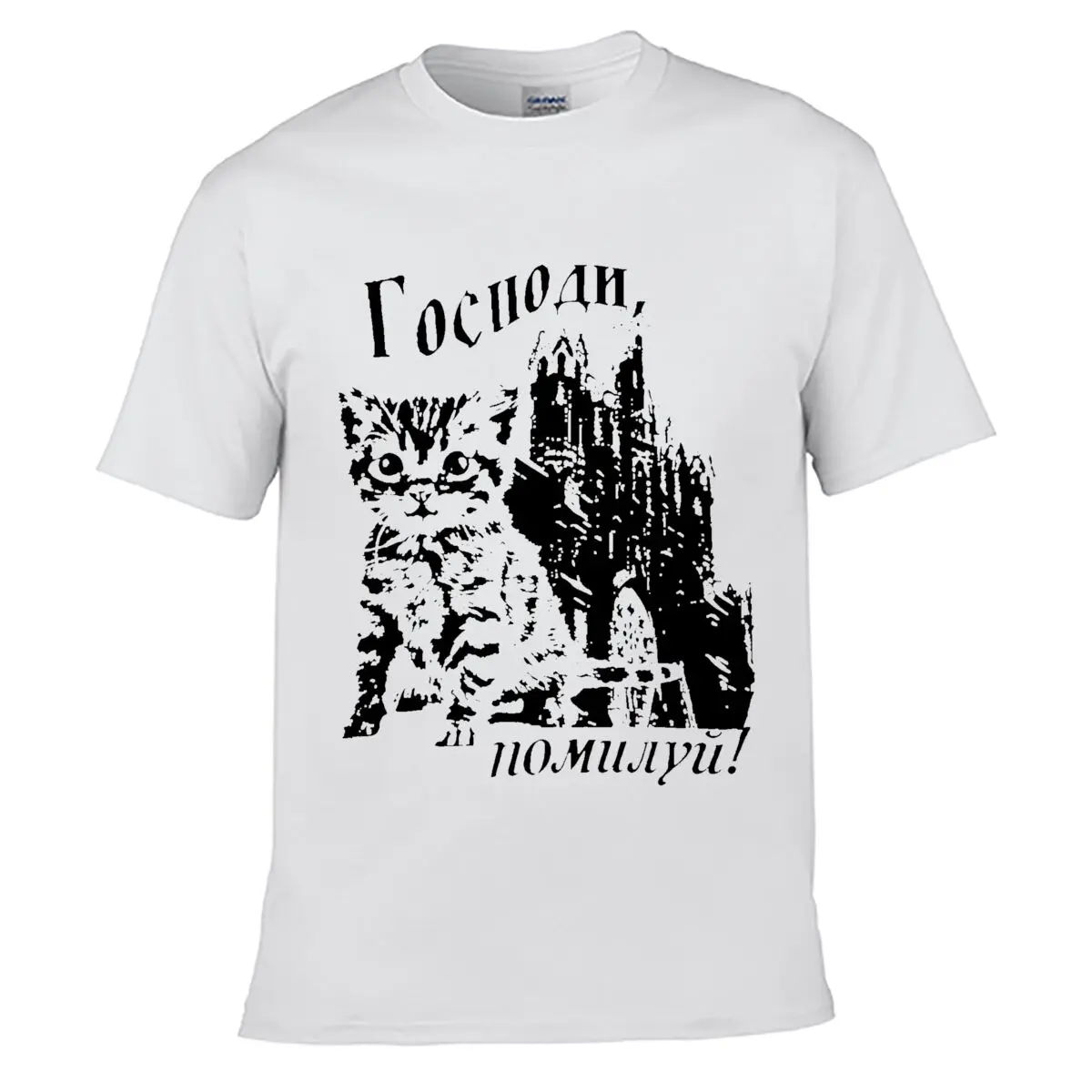 Gothic Cat Cathedral Prayer Text Black White Illustration Men Summer T-shirt Top