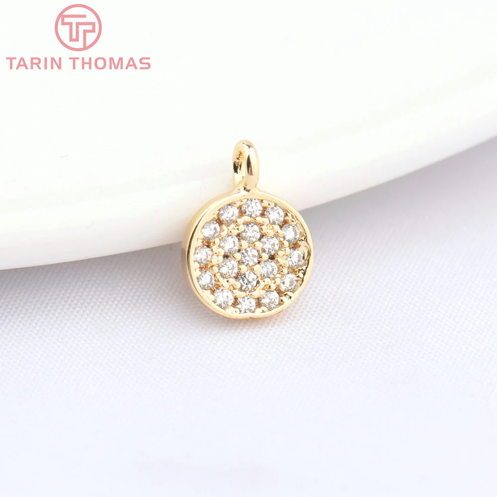 (1603) 4PCS 7.2MM 24K Gold Color Brass with Zircon Round Charms Pendants High Quality Diy Jewelry Findings Accessories Wholesale