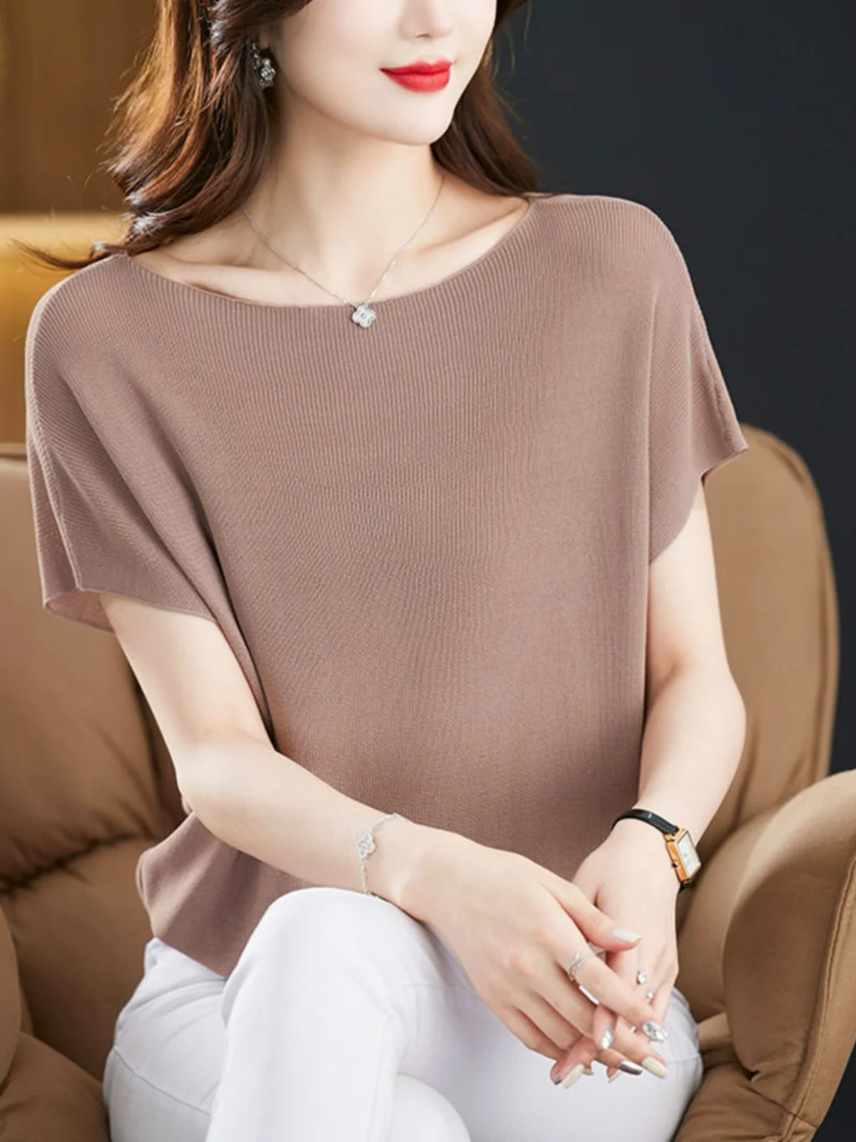 

2024 Women Summer New Short Sleeve Sweater T Shirts Female Thin Ice Silk Knit T-shirt Ladies Solid Color Casual Tops Tees X271