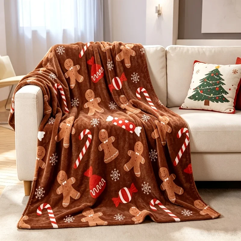 Brown Gingerbread Man Candy Cane Christmas Print Luminous Flannel Throw Blanket, Cover for Living Room, Sofa, Bay Window, Office Lunch Break, Four Seasons Machine Washable, Gift for Christmas, Halloween, Independence Day, Thanksgiving, Birthday