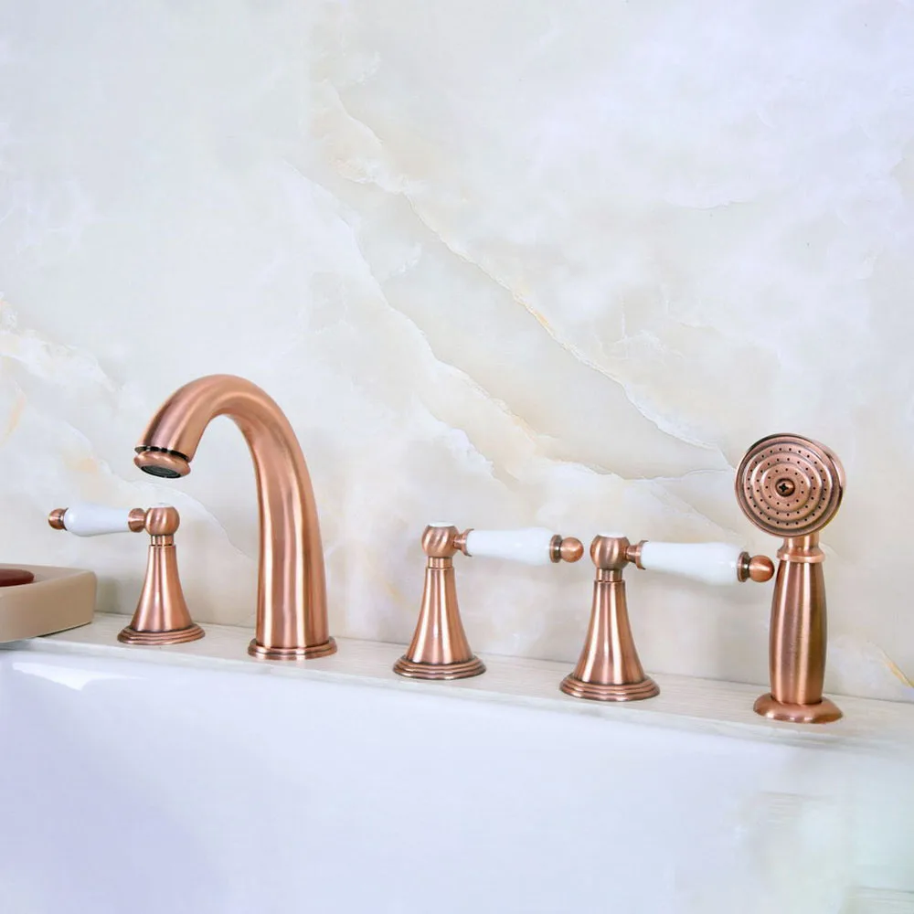 

Widespread Antique Red Copper 5 Holes 3 Handles Bathroom Tub Faucet W/ Hand Shower Mixer Tap Ntf209