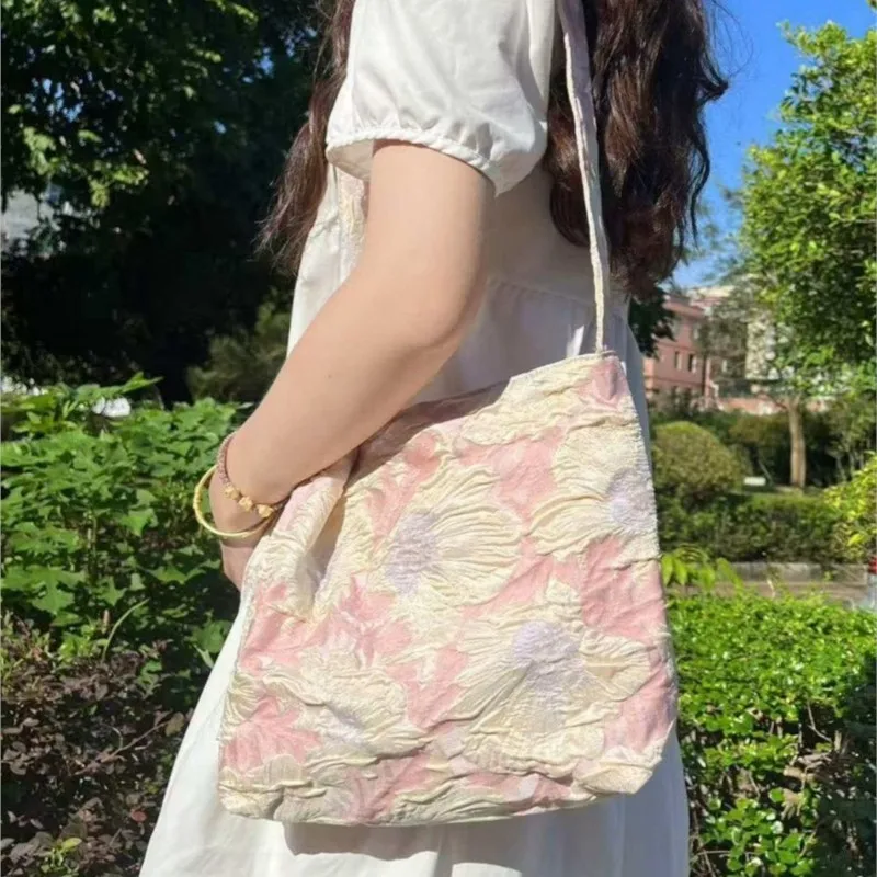 Ins Style Retro Floral Shoulder Bag Women Pink Oil Painting Canvas Large Capacity Crossbody Bag Ladies Fashion Shopping Tote New