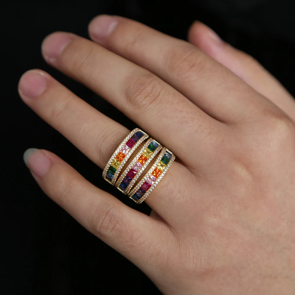 2026 New Design Gold Color Rainbow Cz Bangle Ring Set For Women Colorful Cubic Zirconia Trendy European Lady Jewelry Set