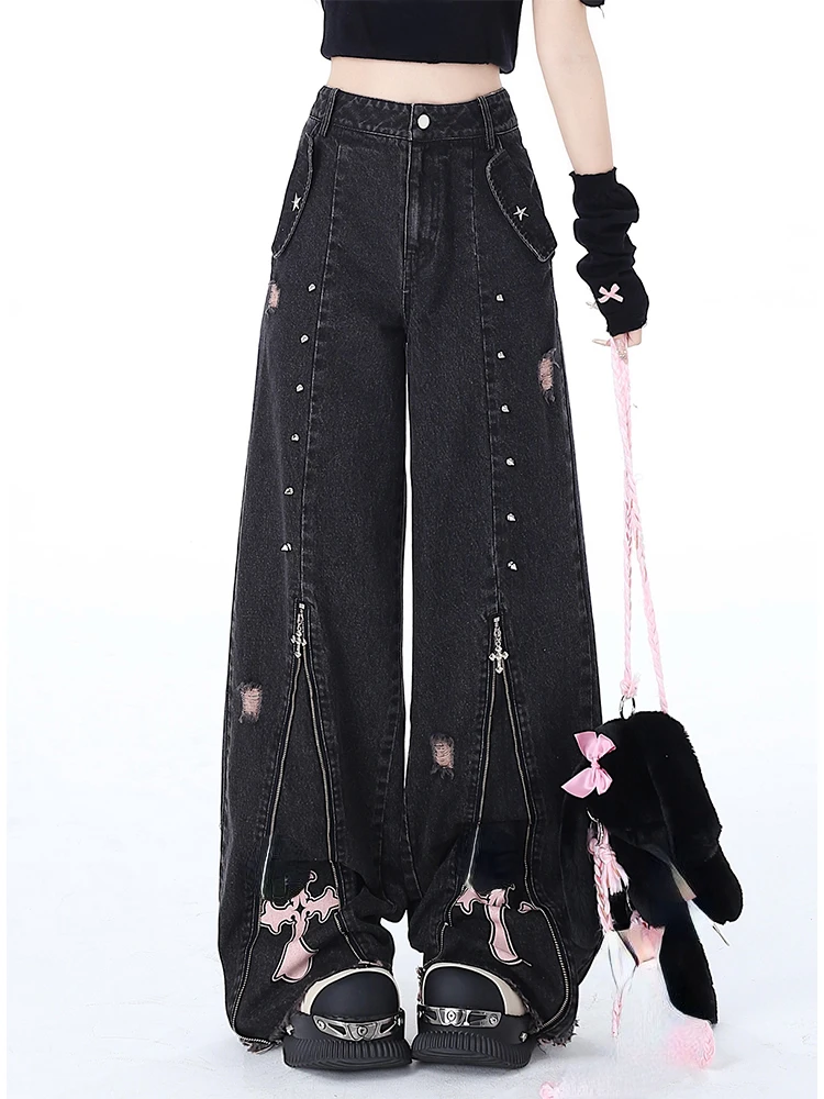 Women Black Gothic Baggy Jeans Vintage High Waist Cowboy Pants Harajuku Denim Trousers Aesthetic Y2k Emo Trashy 2000s Clothes