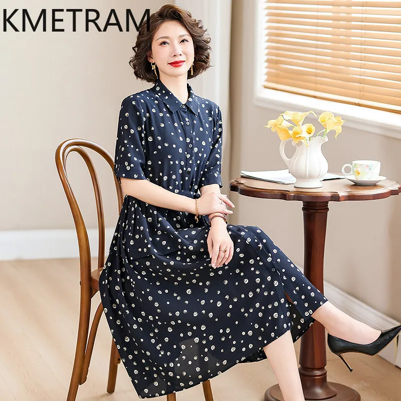 KMETRAM 100% Mulberry Silk Dresses for Women 2026 Summer Stylish Middle-aged Polo Collar Mid-length Polka Dot Dress Ropa Mujer