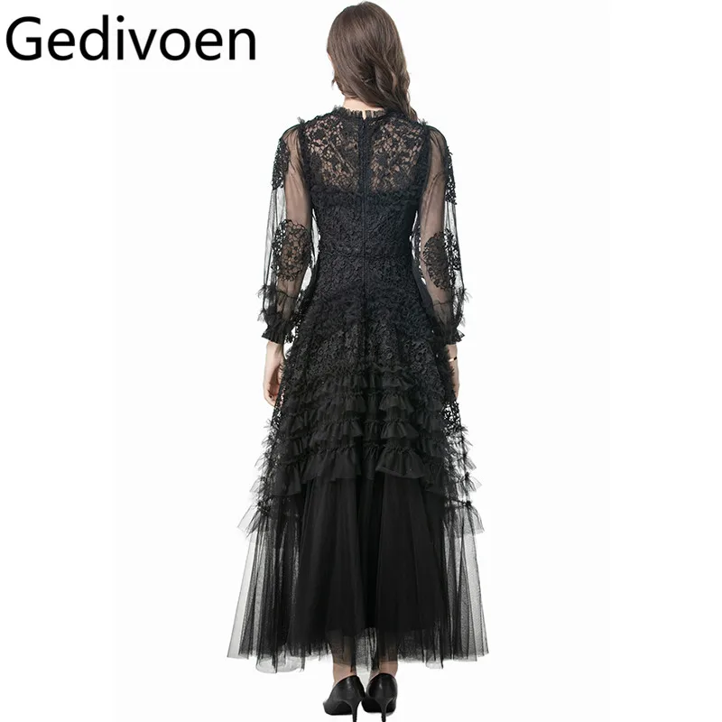 Gedivoen Solid Long Sleeve Slim Maxi Fungus Dress Party Prom Clothes Women Lace Hollow Out Long S-4XL Dresses