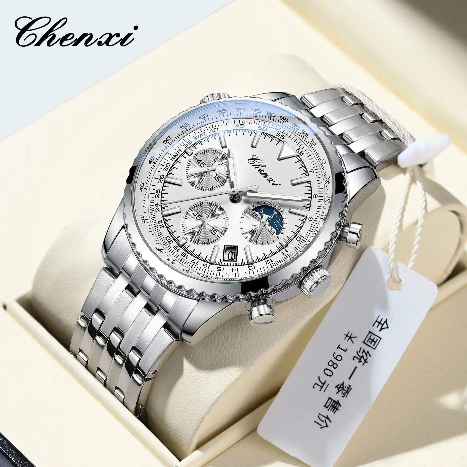 CHENXI 928 Luxury StopWatch Moon Phase Waterproof Male Clock